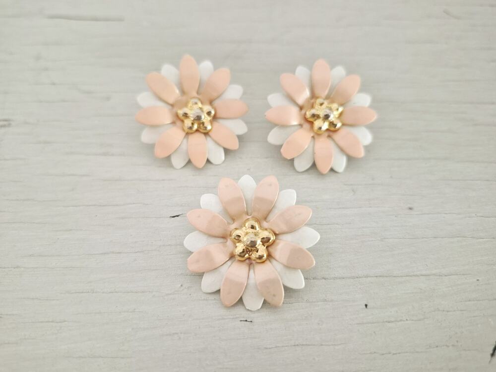 Blush Pink and White Layered Enamel Metal Flower Brooch and Earring Set